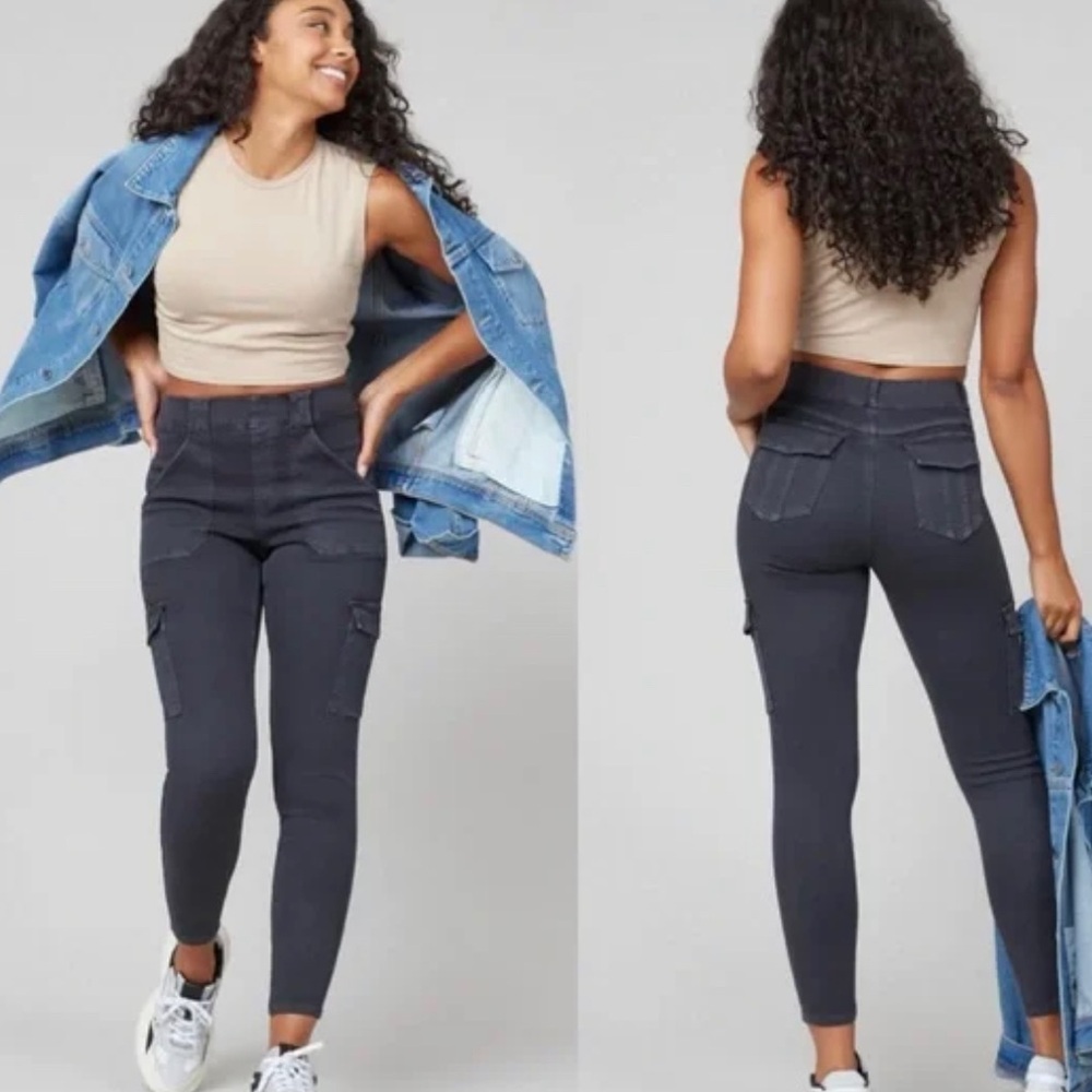 Spanx Stretch Twill Ankle Cargo Pants High Waisted Utility Pockets Washed Black